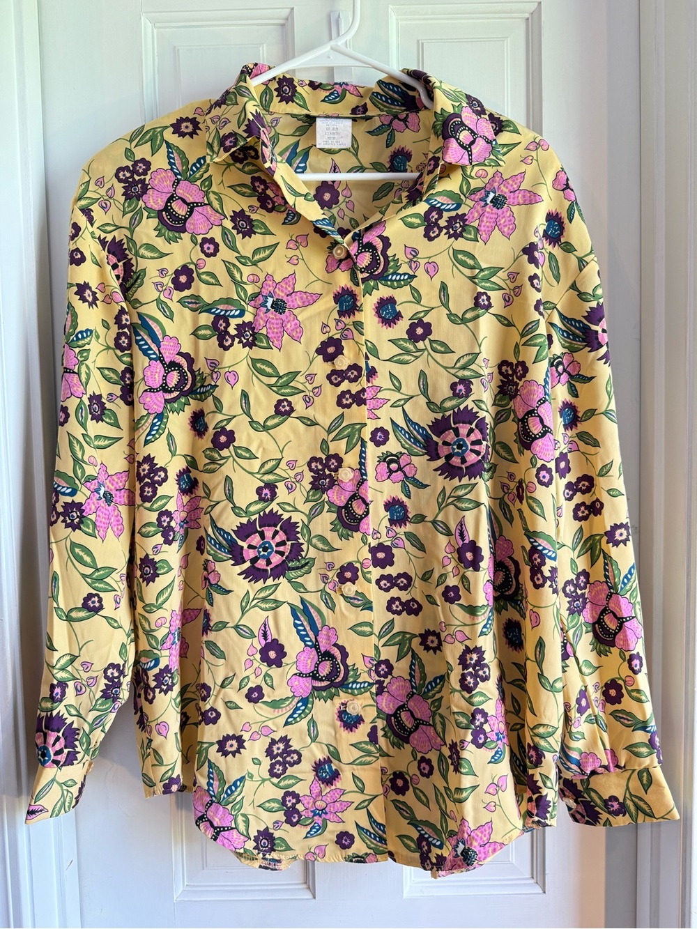 80s-90s Vintage Yellow Floral Button-Up Shirt with Pink & Purple Flowers